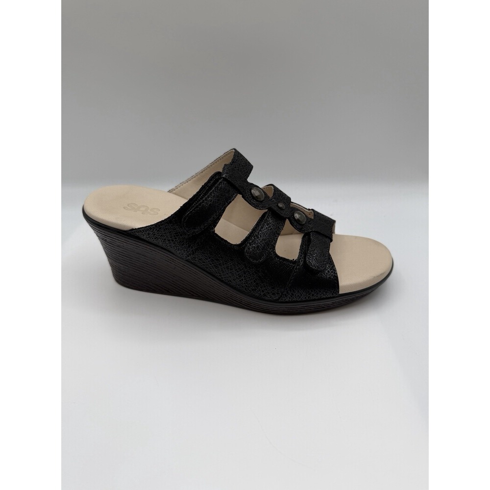 SAS Ginger Wedge Sandal,Women's 7.5 M,Black Leather Adjustable Straps,NEW/DEFCTS